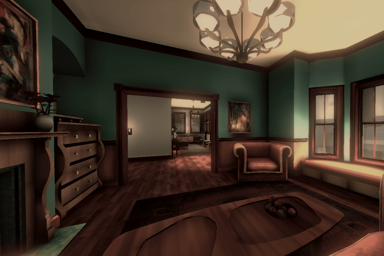 A VR version of a room in the Magnolia House, featuring a sitting area and fireplace.