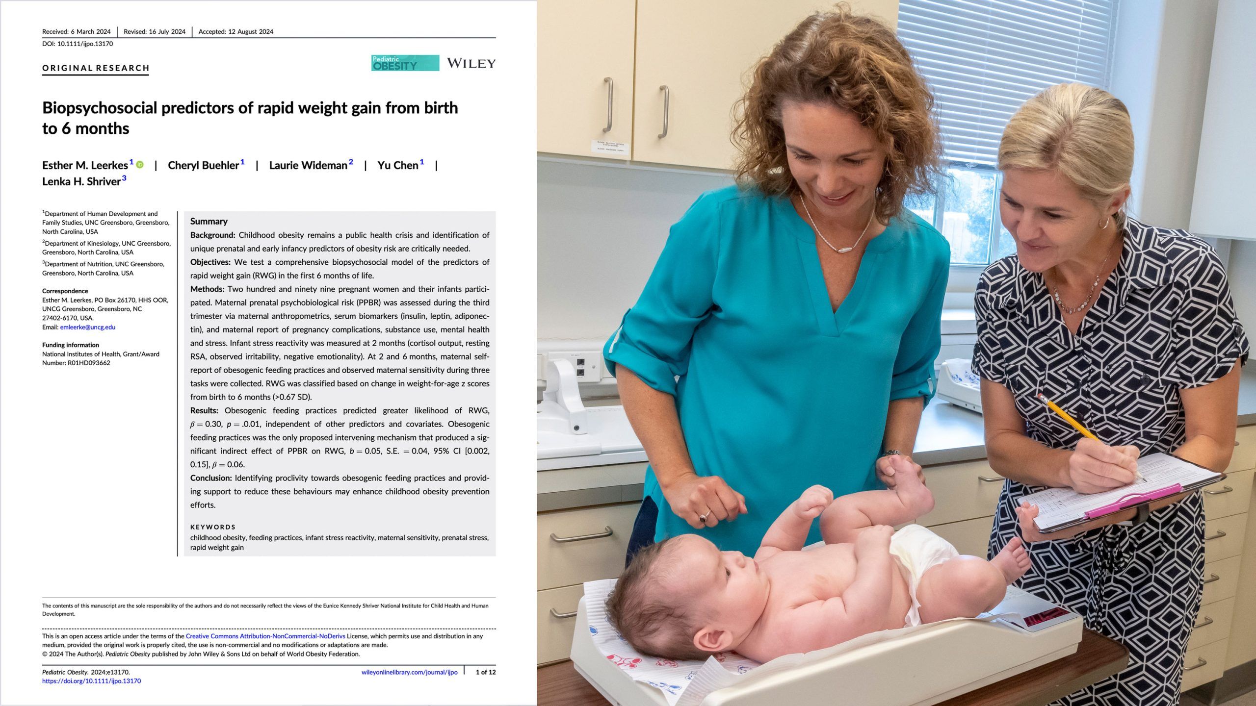 screenshot of paper from iGrow study alongside an image of Esther Leerkes and Lenka Shriver weighing an infant in a lab setting