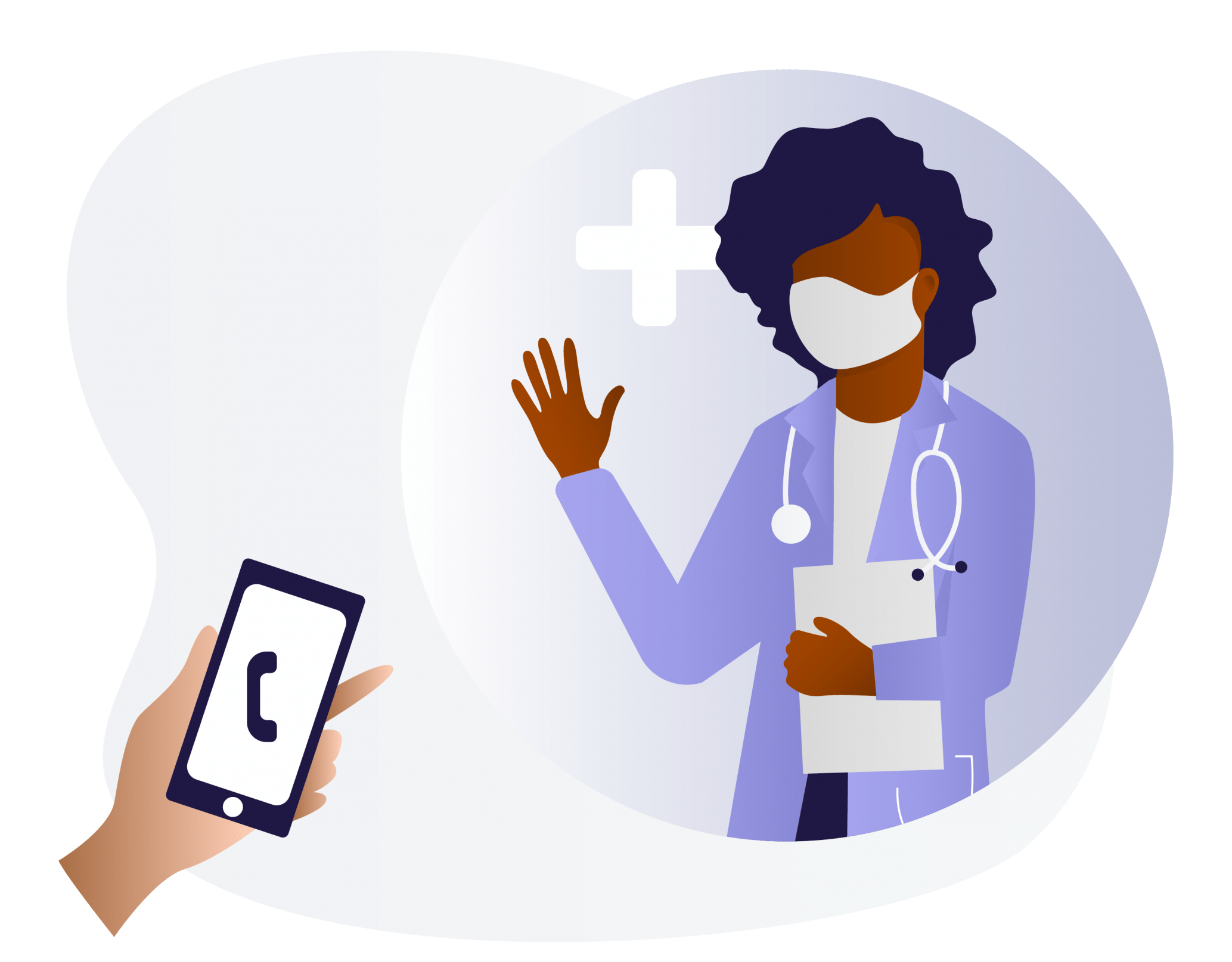 Clipart of a black female doctor waving as someone with a phone calls