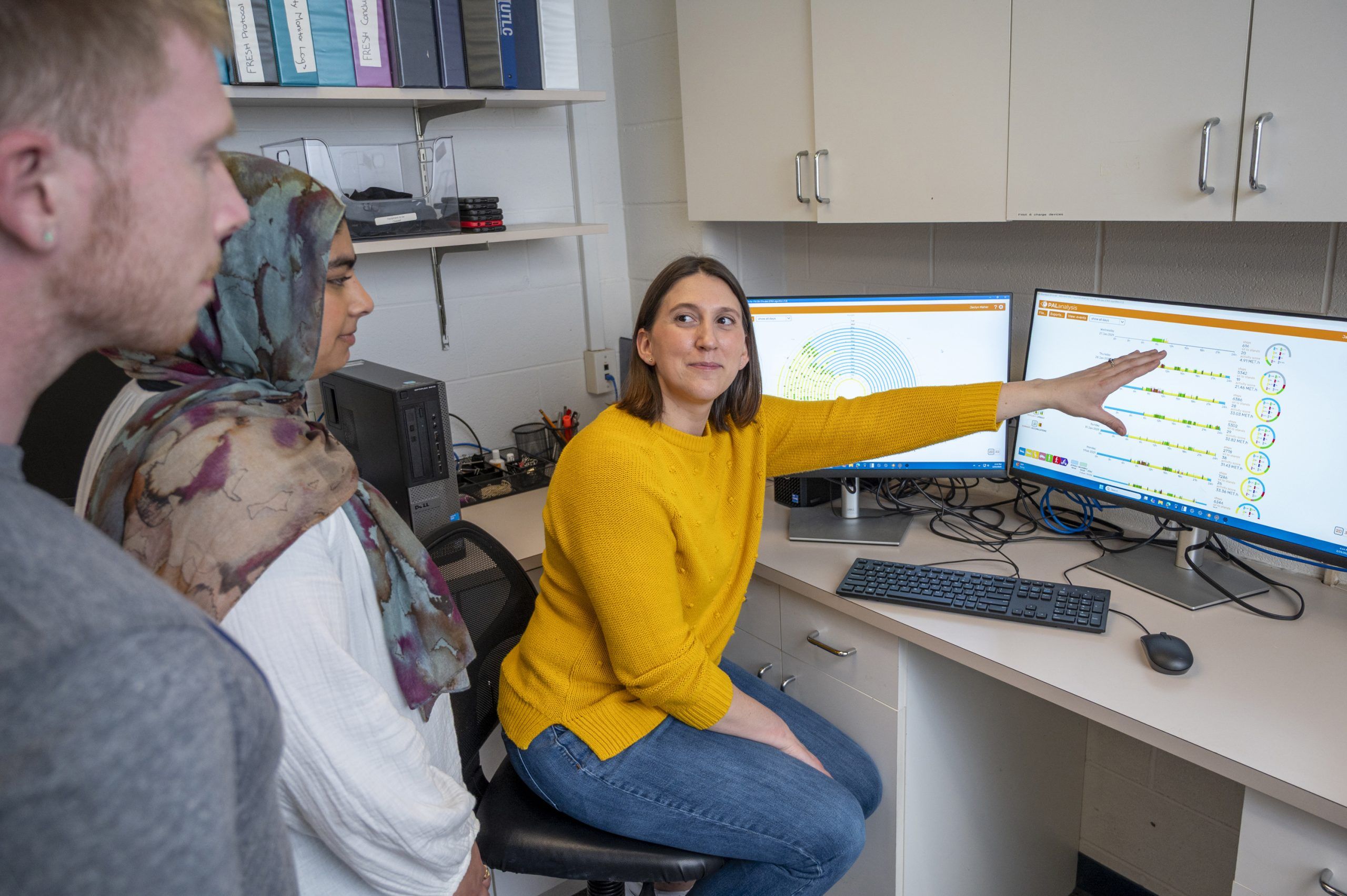 Dr. Maher wearing a bright yellow sweater sits at a desk and points toward a computer monitor displaying colorful data charts, including horizontal bar graphs and circular diagrams. Another monitor with similar visualizations is beside it. The desk has a keyboard, mouse, and cables, and shelves with office supplies are visible in the background. Two other individuals stand nearby observing the screen.