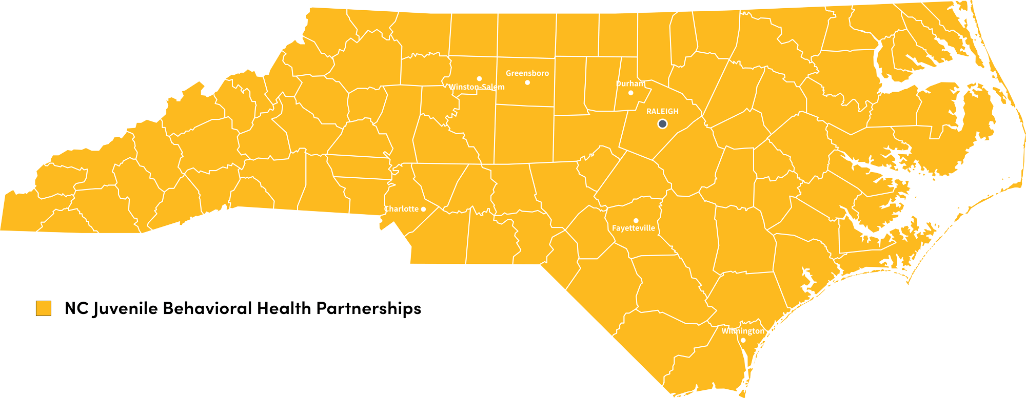 State of NC with lining of the counties all in yellow