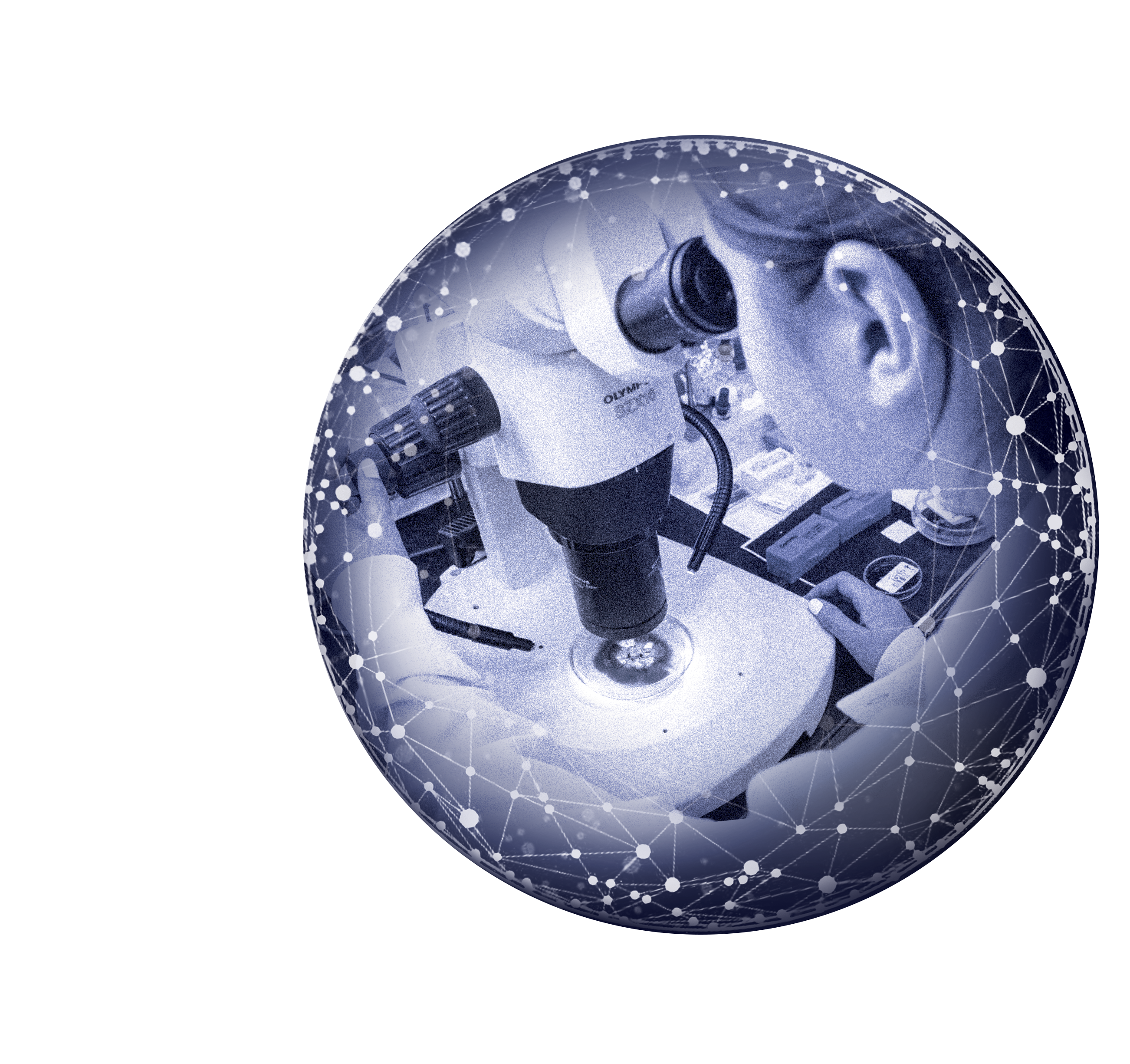 A person looks through a microscope in a laboratory setting, surrounded by scientific equipment. The image is enclosed in a circular frame overlaid with a network of interconnected lines and nodes, symbolizing science and technology.