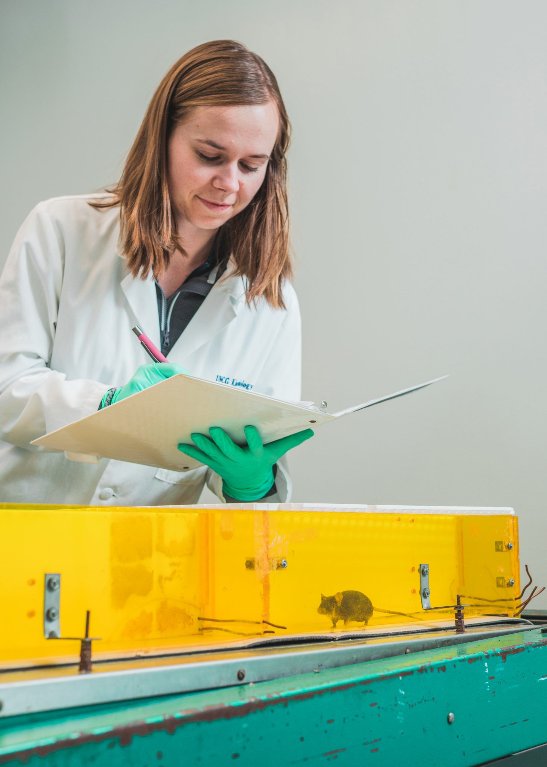 Louisa Tichy taking notes while observing a mouse in a maze.