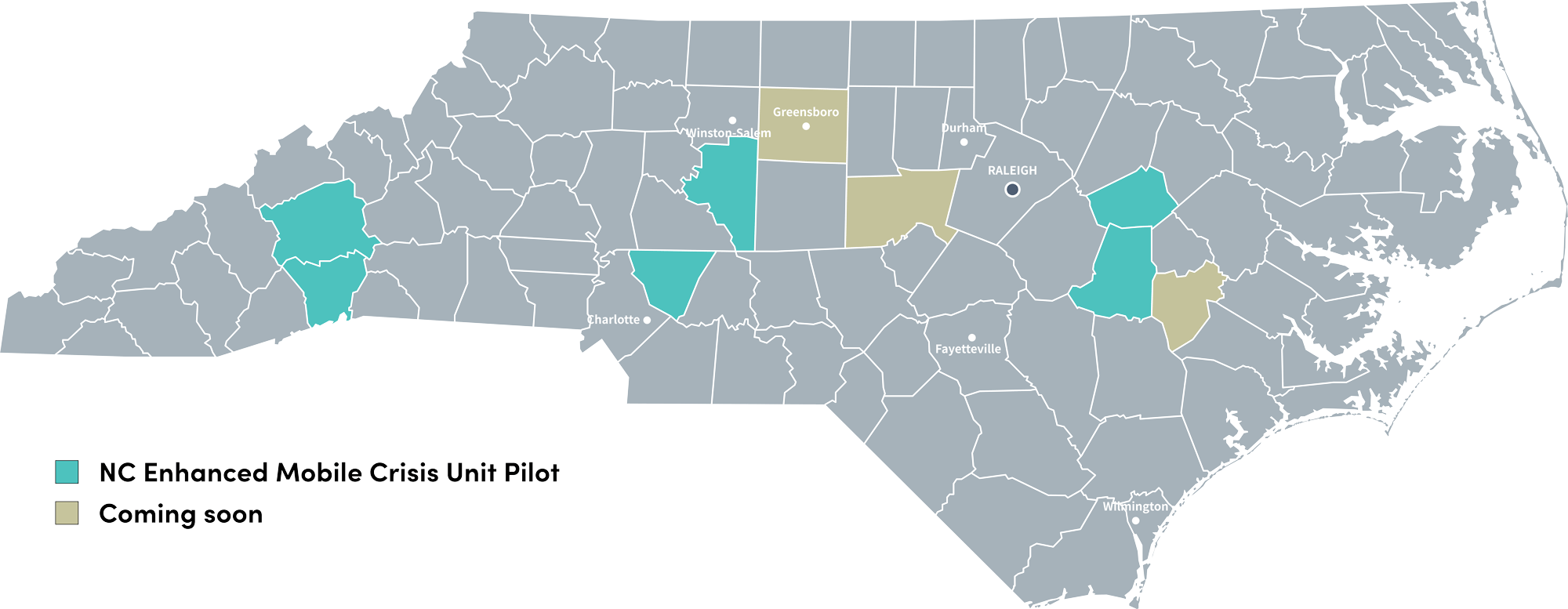 Gray image of NC with teal and yellow overlay on a few counties