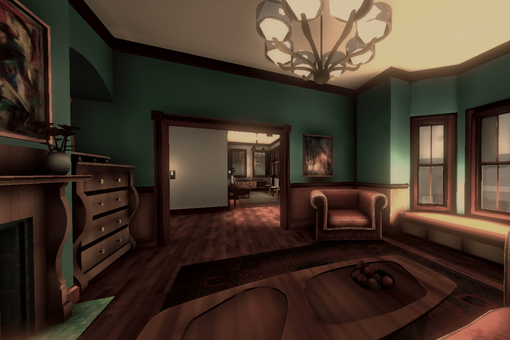 A VR version of a room in the Magnolia House, featuring a sitting area and fireplace.