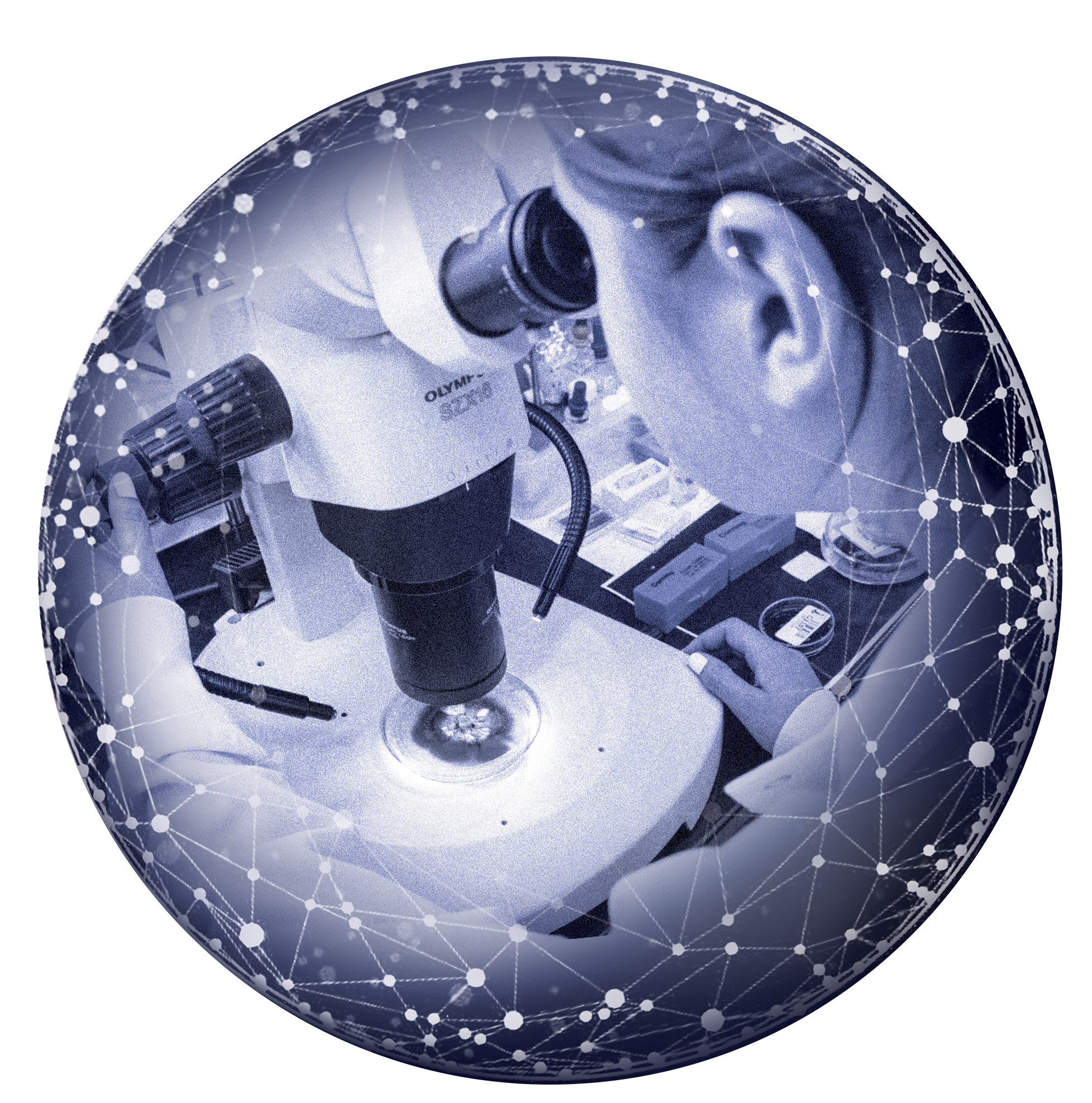 A person looks through a microscope in a laboratory setting, surrounded by scientific equipment. The image is enclosed in a circular frame overlaid with a network of interconnected lines and nodes, symbolizing science and technology.
