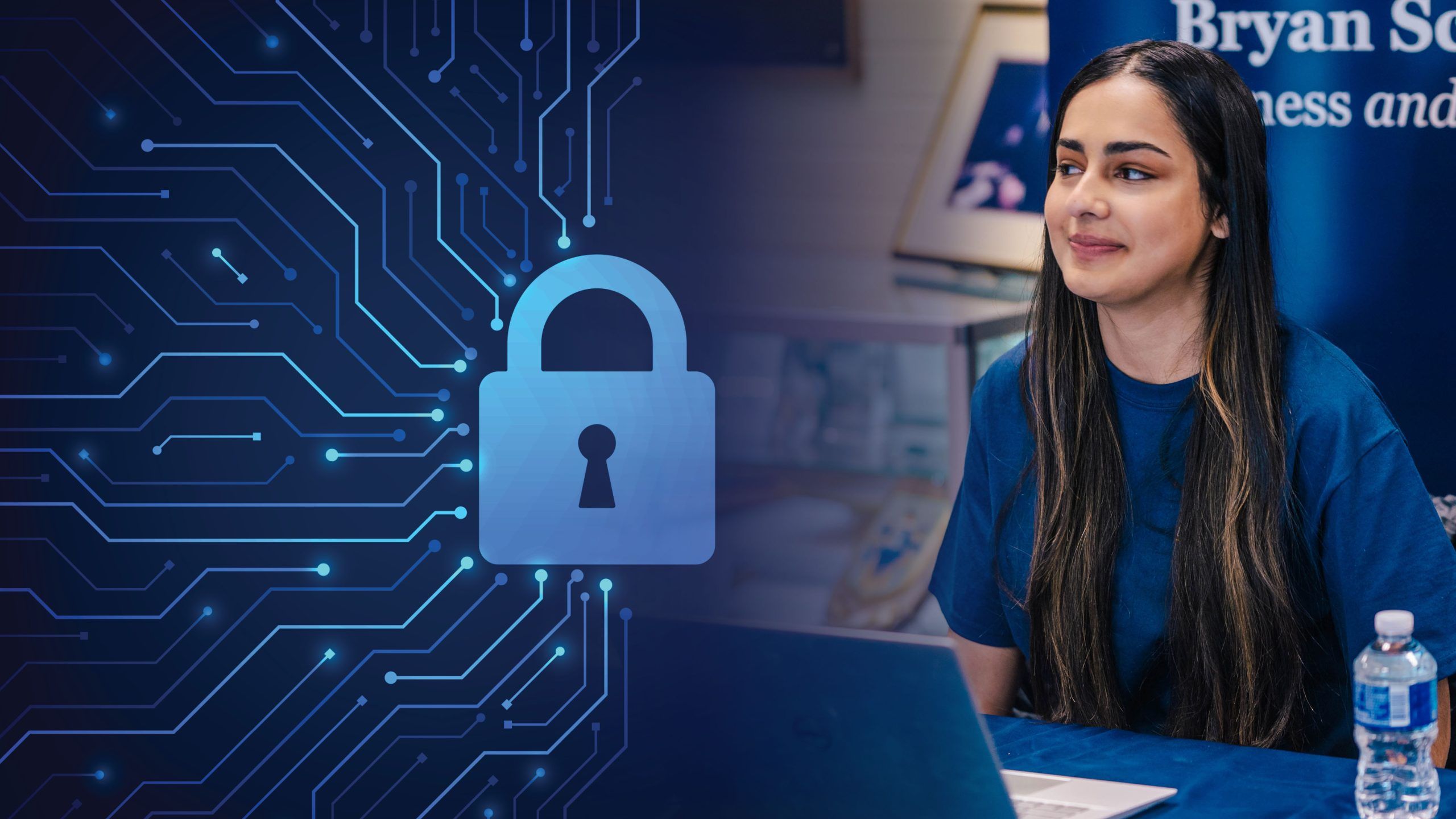 A student sitting at a table with a laptop, with a digital graphic of a padlock and circuit lines symbolizing cybersecurity displayed beside her.