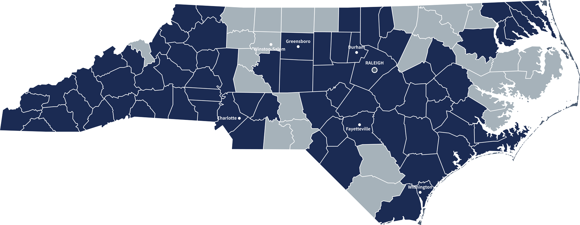Navy blue and gray image of NC with blue for counties where the NC HFW training program is active