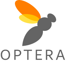 Wagoner and Snyder's company Optera's logo: a bee with a gray body, yellow and orange wings, with the word optera below