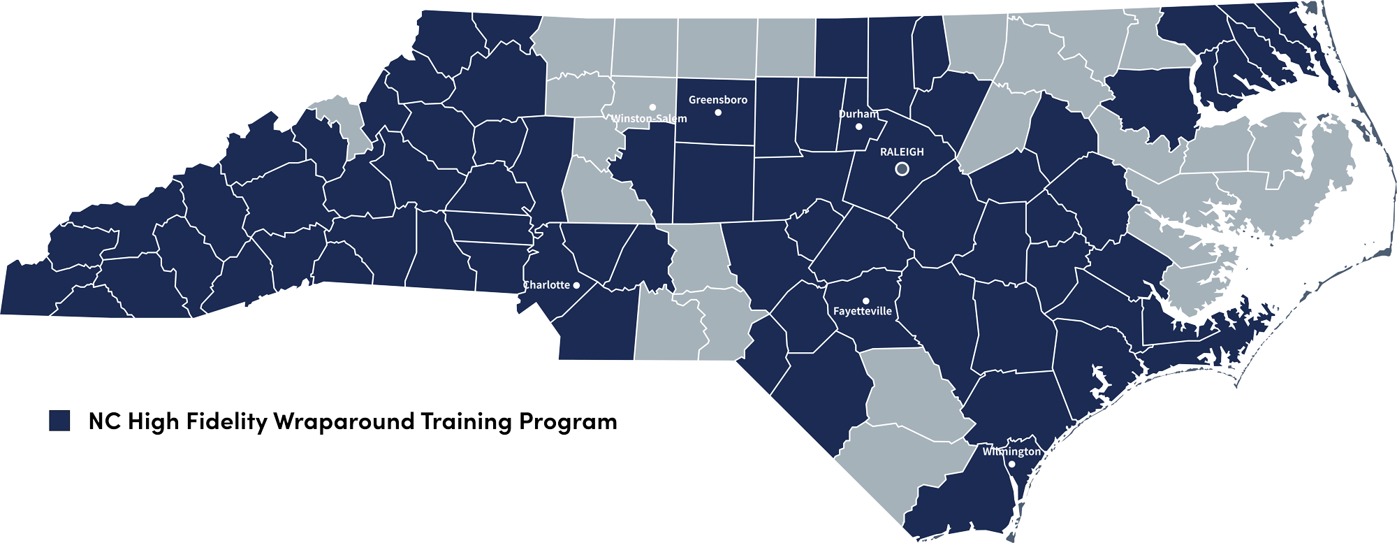 Gray and blue image of North carolina. Blue represents where the NC High Fidelity program is active