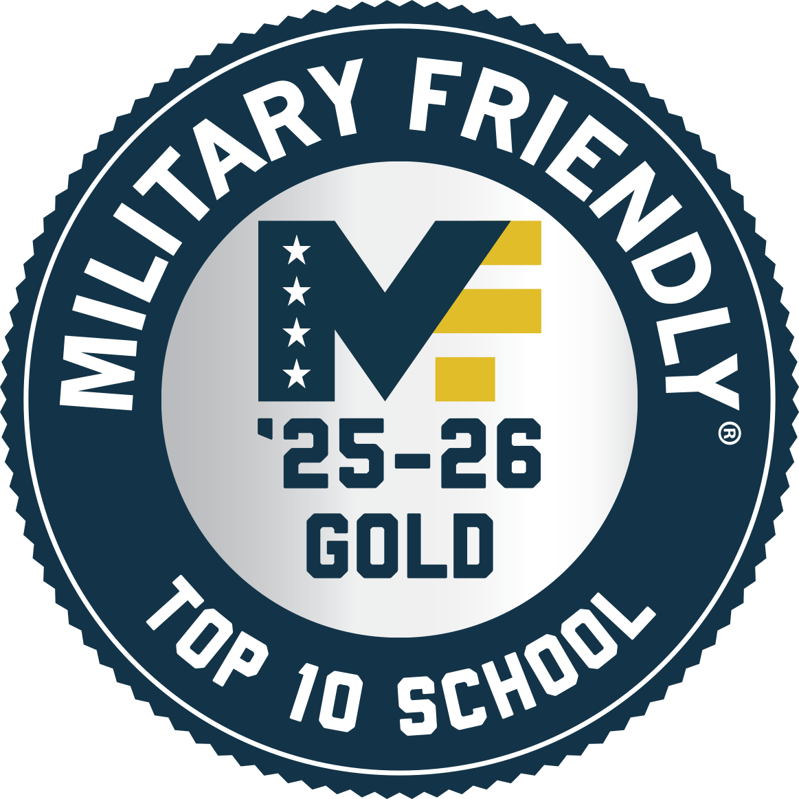 Circular badge with a dark blue border and silver center. Text around the edge reads “MILITARY FRIENDLY TOP 10 SCHOOL.” The center features a stylized “MF” logo with stars and gold stripes, and below it the text “‘25–26 GOLD.”
