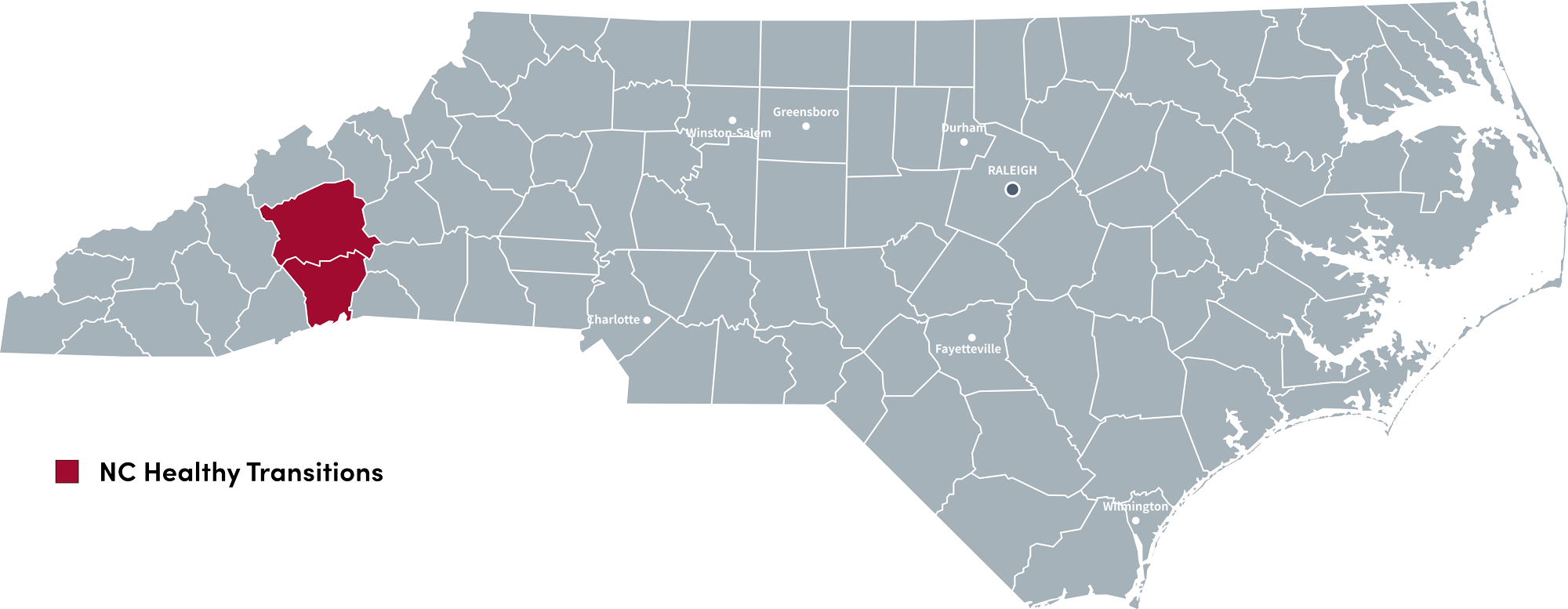 Mostly gray image of NC state with two counties in red