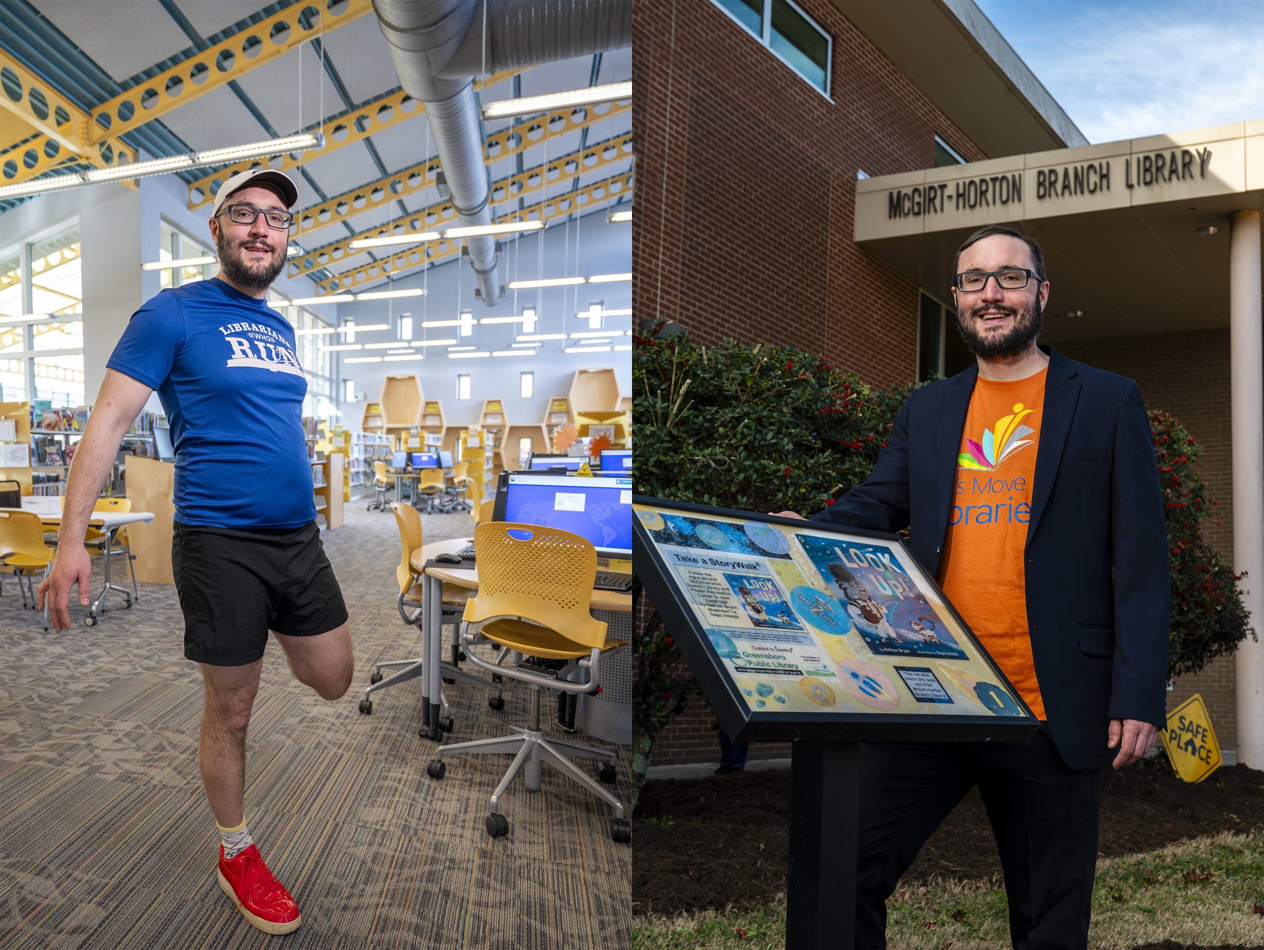 Two images of Dr. Noah Lenstra: on left is him in running gear stretching in a library and on right is him standing next to the sign for a reading walk