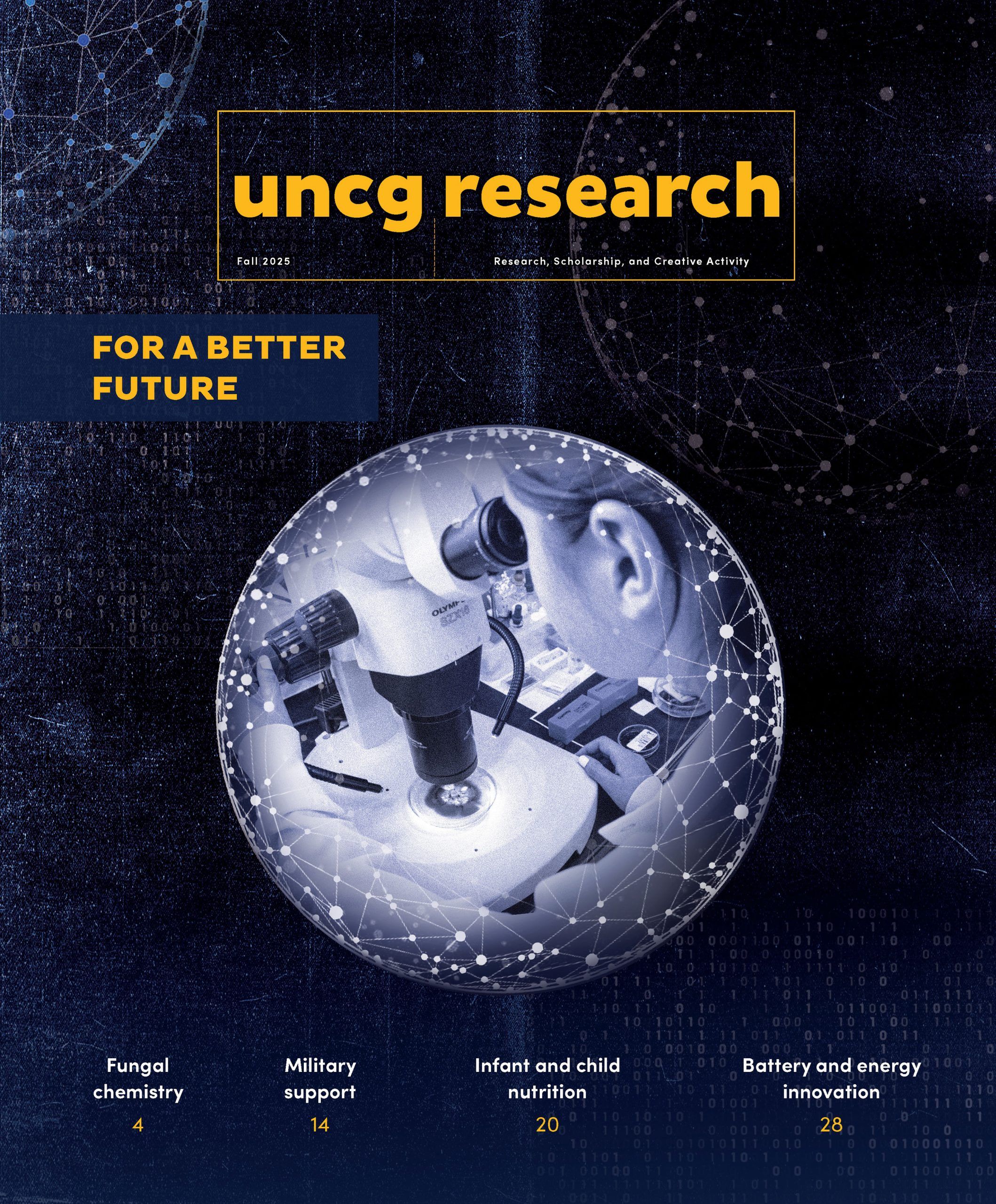 Cover of UNCG Research magazine featuring a blue-toned design with a circular image of a microscope and scientific equipment in the center; text includes the title ‘uncg research,’ tagline ‘For a Better Future,’ and highlights topics such as fungal chemistry, military support, infant and child nutrition, and battery and energy innovation.
