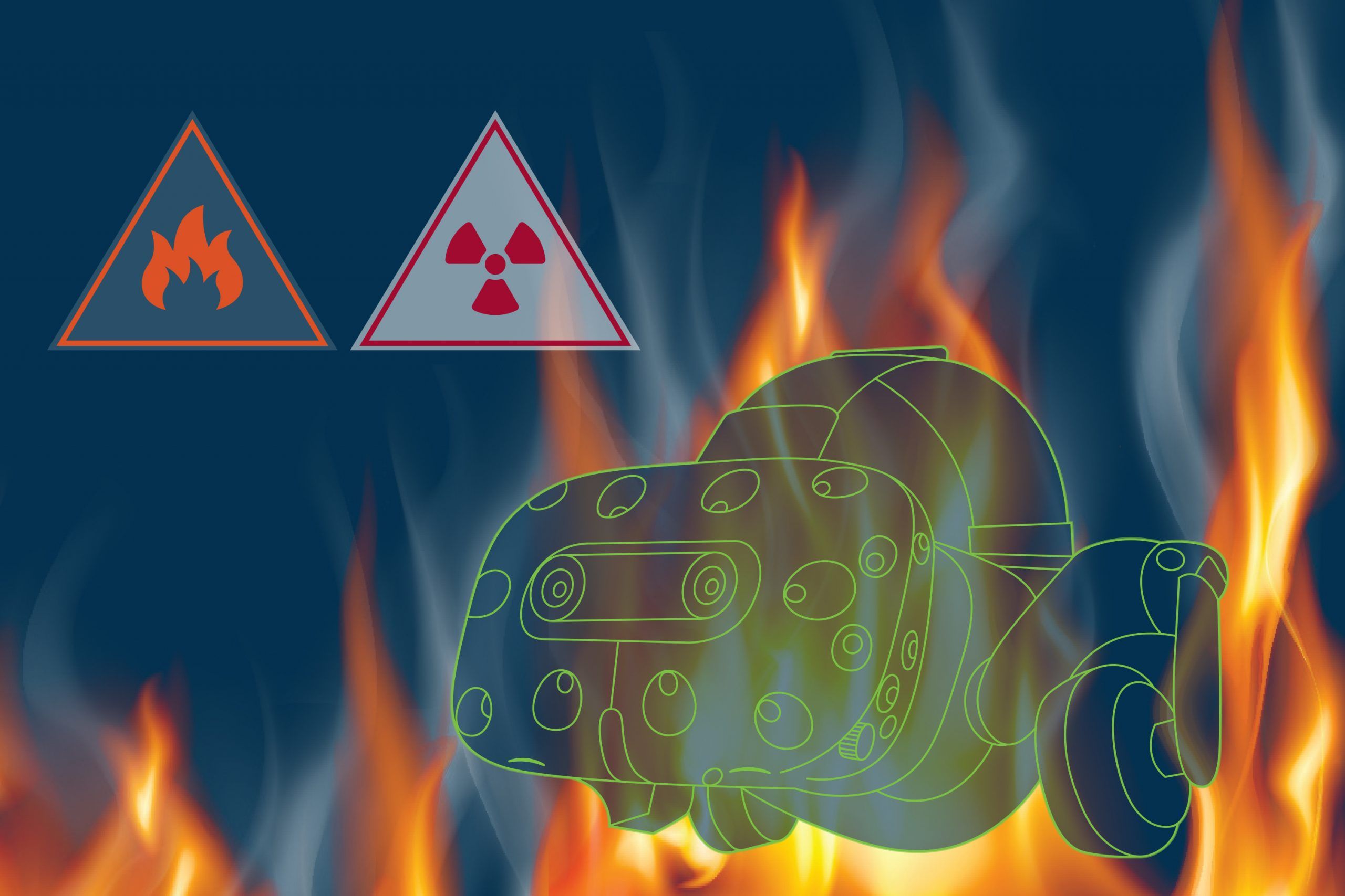 Abstract image of 3D headset surrounded by flames