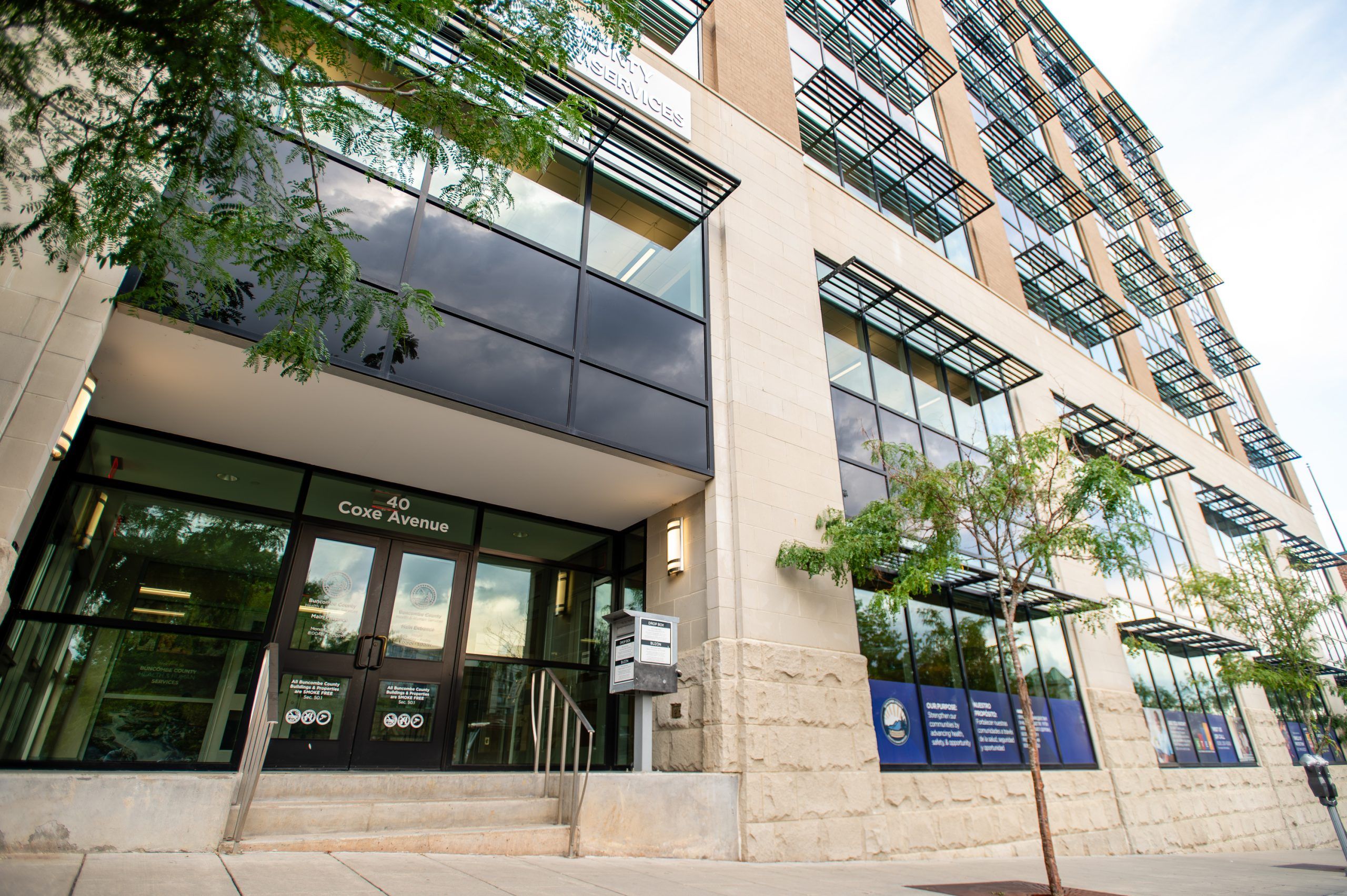 Outside of a building with glass