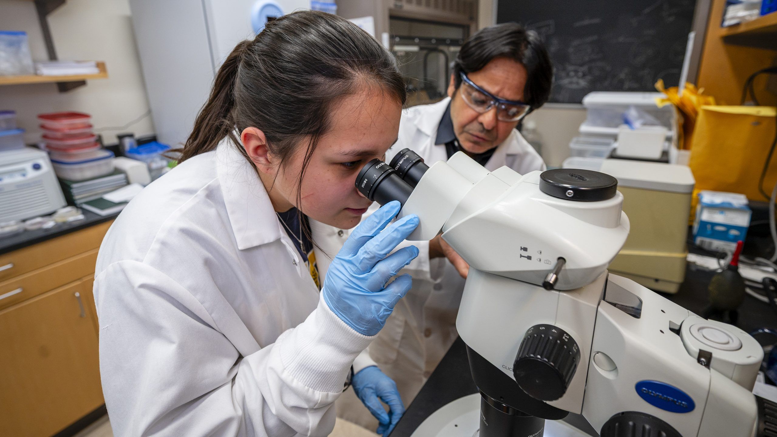 Undergrad April Joseph wearing a lab coat and blue gloves looking through a microscope, with Dr. Raja in a laboratory setting containing scientific equipment and supplies.