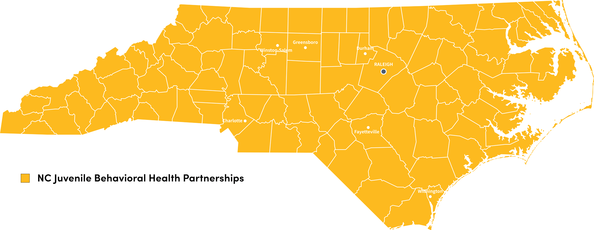 Map of NC in yellow to represent NC Juvenile Behavioral Health Partnerships