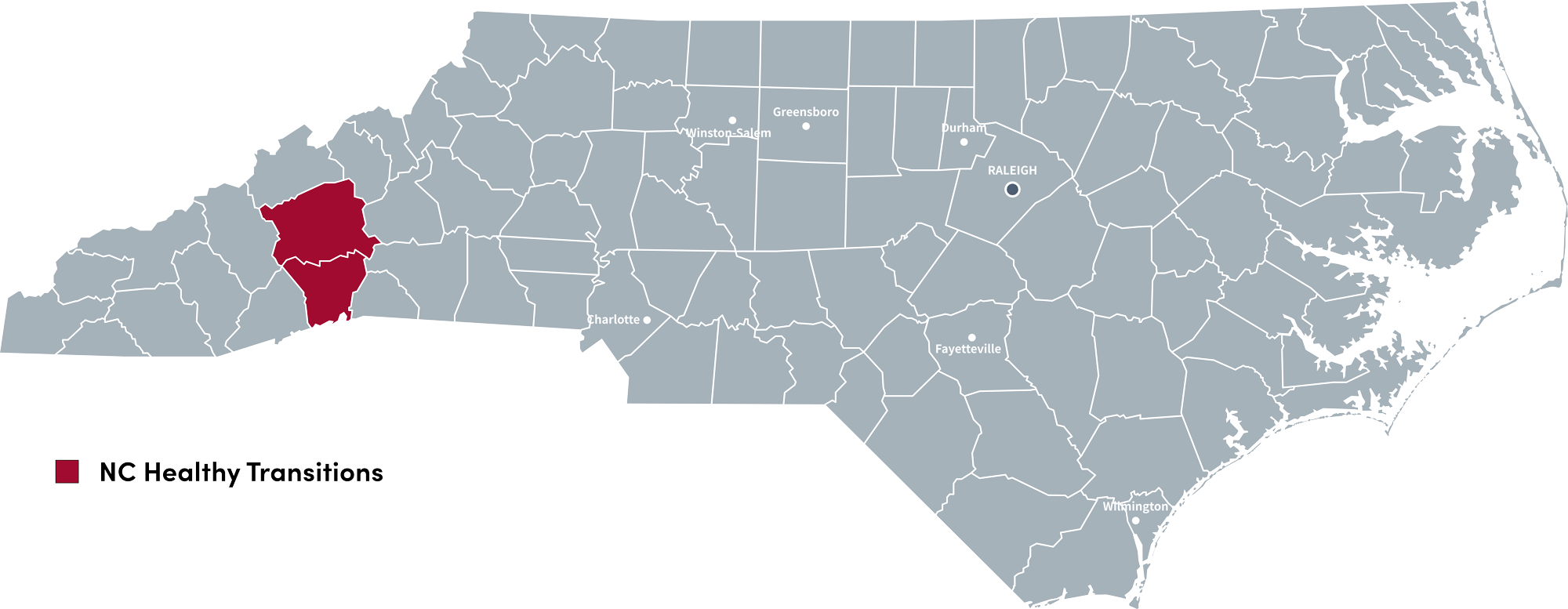 Map of NC with two counties representing the NC Health Transitions program