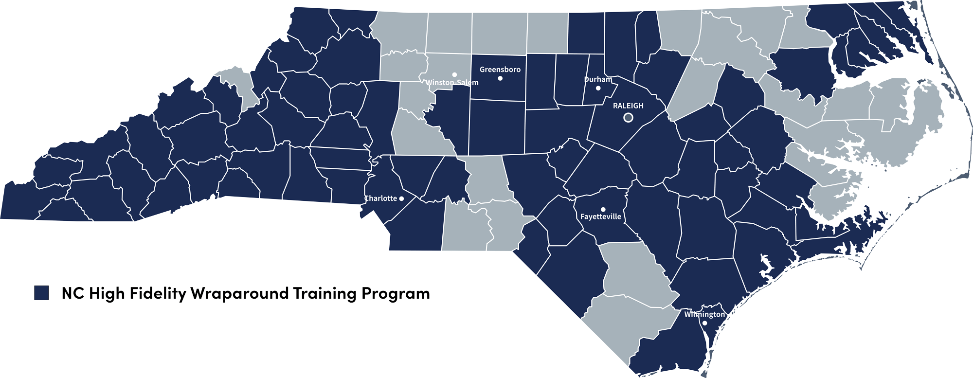 Map of NC with blue counties representing where the NC High Fidelity Wraparound Training Program has been instituted