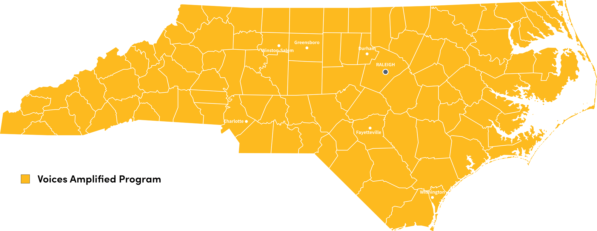 Yellow map of NC representing the impact of the Voices Amplified Program