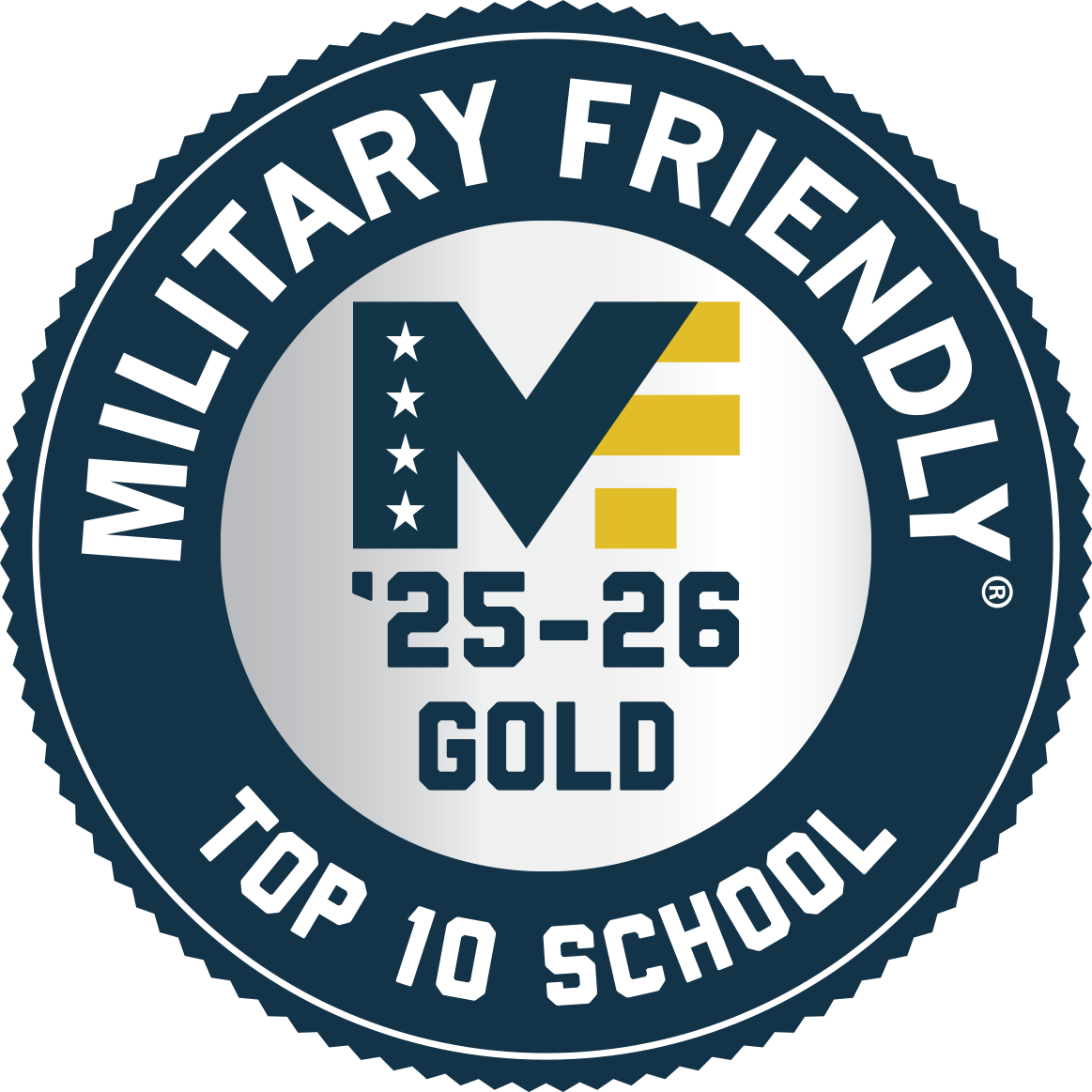 Circular badge with a dark blue border and silver center. Text around the edge reads “MILITARY FRIENDLY TOP 10 SCHOOL.” The center features a stylized “MF” logo with stars and gold stripes, and below it the text “‘25–26 GOLD.”