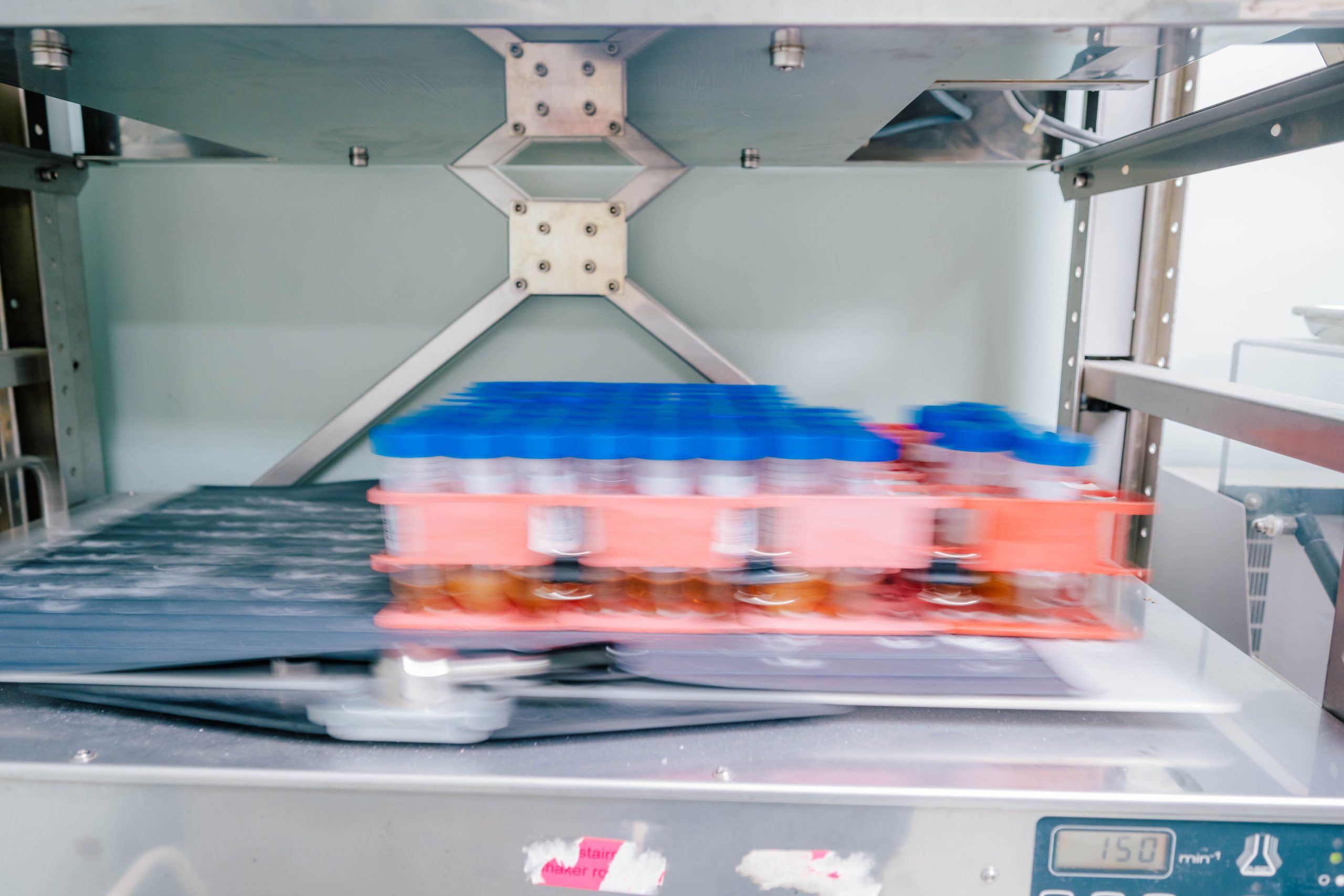 Laboratory shaker holding a tray of test tubes with blue caps and orange liquid, captured in motion inside a metal-framed incubator.